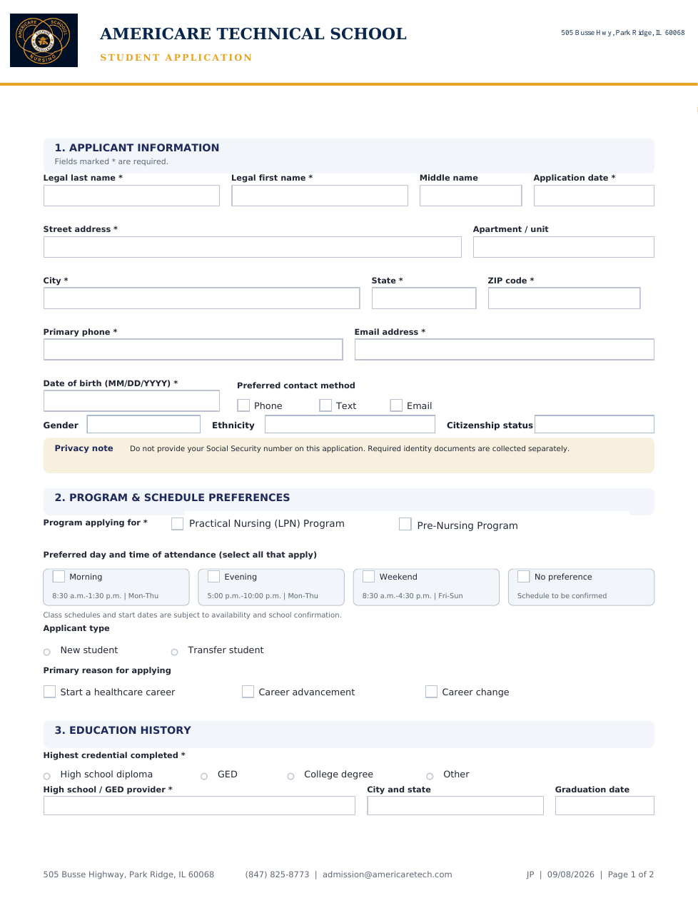 Preview of Americare Student Application